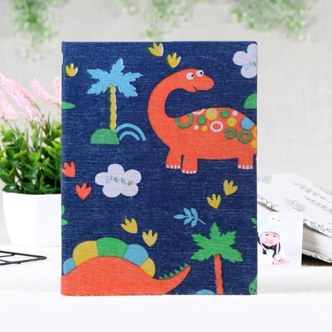 Small Photo Album for Kids, 100 Pockets 4x6 Bookshelf Baby Picture Album, Slip-in Linen Cover Photo Book for Family(Dino)