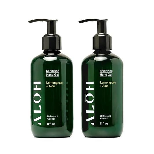 ALŌH Sanitizing Hand Gel 2-pack | Lemongrass + Aloe | 70% Alcohol Hydrating Hand Sanitizer Gel with Essential Oil, for Kids & Adults | 8oz Size Bottle (Set of 2)