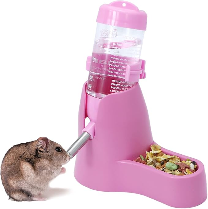 Wontee 3 in 1 Hamster Water Bottle with Food Bowl Hideout Base, 80ML, Pink | Water dispenser, food container, hideout, stable base, easy to refill, for glass tank/cage, dwarf hamster/mouse/gerbil, 2.7oz