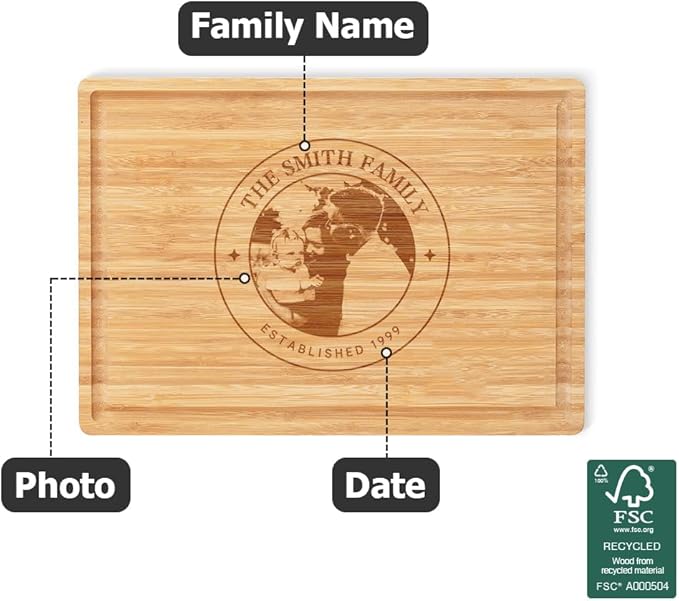 callie Personalized Bamboo Cutting Board with Engraved Photo, Custom Wooden Charcuterie Boards with Juice Grooves, Christmas, Wedding, Housewarming Gifts (S, M, L)