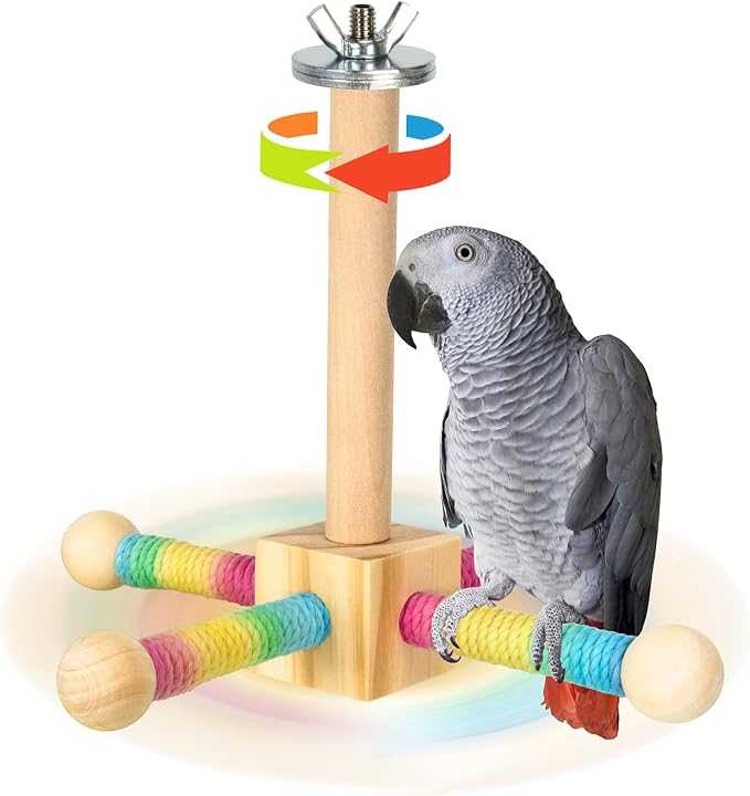 Agape 360° Rotating Bird Perch Stand, Wooden Parrot Exercise Toy | Bird Cage Accessory for Small-Medium Birds: Parakeets, Cockatiels, Lovebirds, Conures, Finches, Budgies, Parrotlets, Quakers