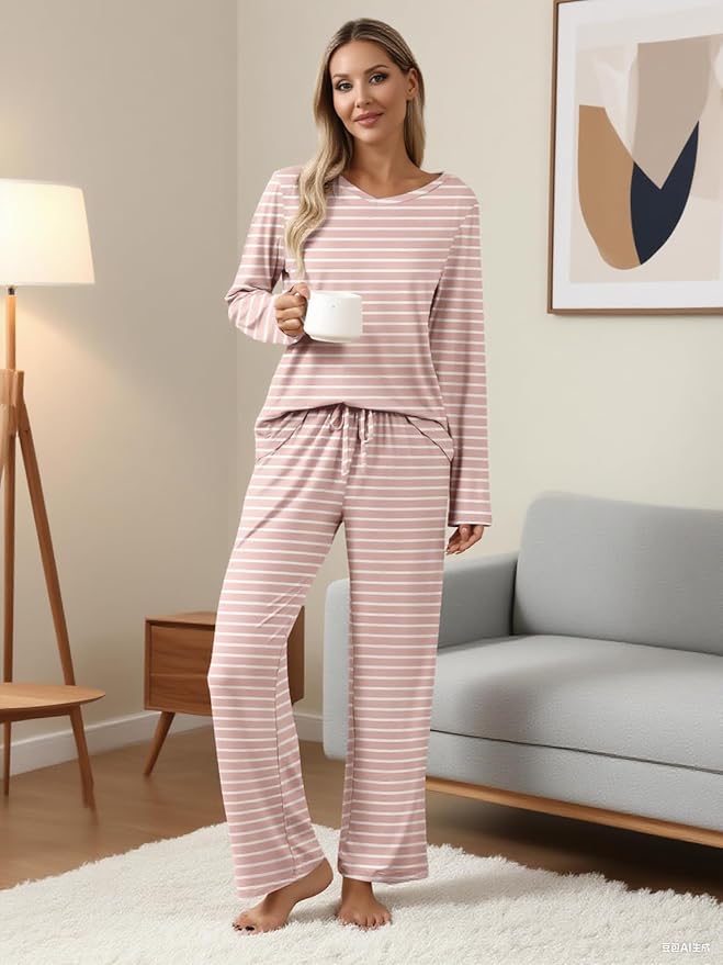 Ekouaer Womens 2 Pack Pajama Set Long Sleeve Pajamas Top and Pants V Neck Pjs Set Soft Loungewear with Pockets