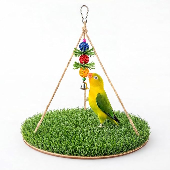 Bird Toys Bird Swing with Grass Platform Wooden Perch Stand Adjustable Rope and Rattan Chew Balls Large Bird Playground for Parakeets Cockatiels Conures Cage Accessories