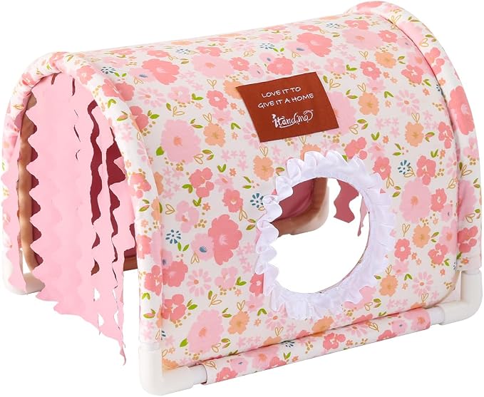 Guinea Pig Hideout No Bottom Guinea Pig Bed Easy to Clean Rabbit Hideout Bunny Beds - Small Animal Indoor Habitat for Chinchilla Ferret Hedgehog Flower-Branch Mouse (Pink Flower)