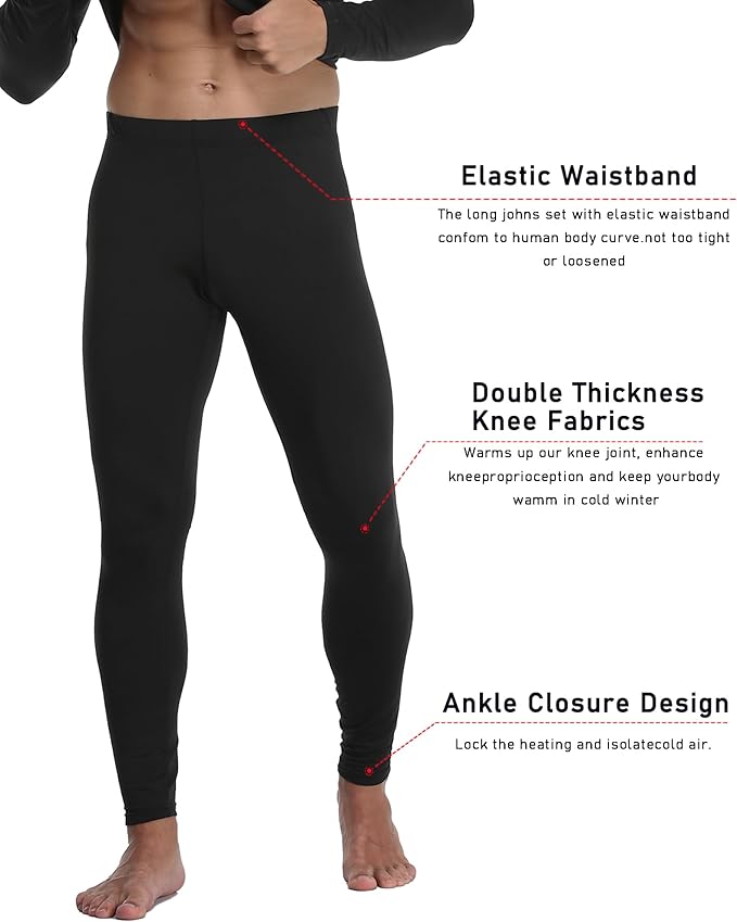1 or 3 Pack Mens Long Johns Thermal Pants, Fleece Lined Lightweight Base Layer Bottoms, Compression Leggings Winter Gear