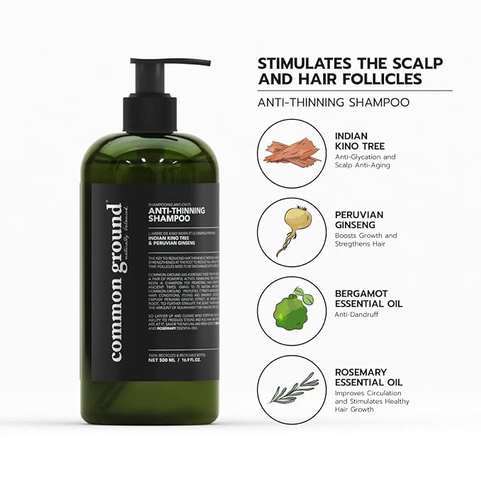 Common Ground Natural Anti-Thinning Shampoo, Sulphate, Paraben & Cruelty Free, Vegan, Plant-Based, Bergamot & Rosemary Scent, Kino Tree & Ginseng DHT Blockers, for All Hair Types, Men & Women
