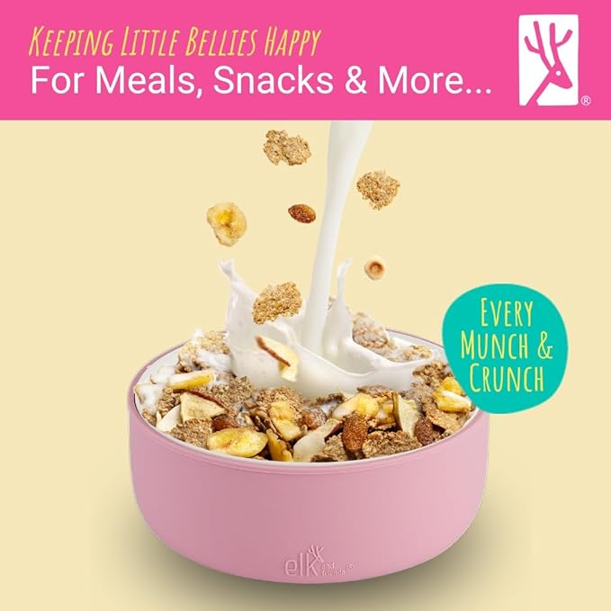 Elk and Friends Kids Porcelain Bowls with Silicone Sleeve + Silicone Lid | Kids/Toddler/Baby Feeding | Microwave & Dishwasher Safe | Non slip | Cereal/Soup/Snack Dishes & Dinnerware