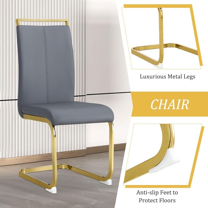 Modern Marble Round Dining Table & Upholstered High Back PU Leather Chairs - 42" Faux Marble Dining Room Set for Kitchen, Office, Cafe & Small Spaces