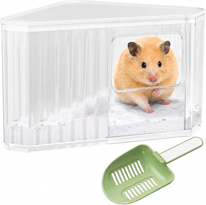 Hamster Sand Bath Container, Large Dust Bath House with Scoop, White | Tall enclosed design reduces sand scatter, spacious interior, frosted privacy walls, top platform, easy-clean bath box