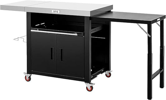 Outdoor Kitchen Island with Cabinet, Outdoor Grill Table with Stainless Steel Top for Pizza Oven& Griddles, Movable Bar Cart with Pull-Out Plate for Parties& Gathering, Heavy-Duty, L74”x W24”