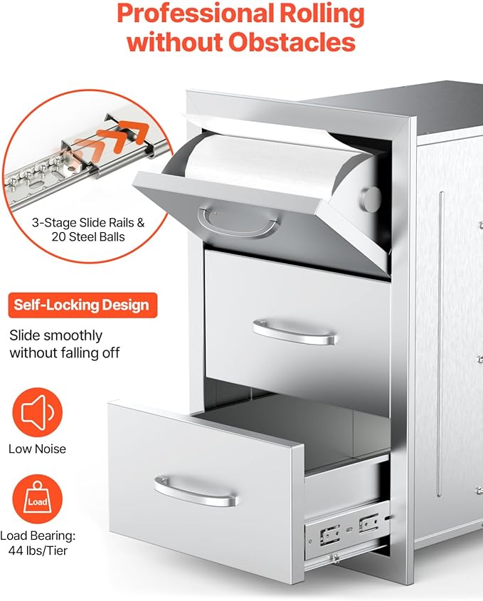 VEVOR Outdoor Kitchen Drawers, 16.5" W x 29" H x 20.5" D Triple Access Drawers, Stainless Steel Flush Mount Cabinets, BBQ Island Storage with Paper Towel Holder & Handle, for Patio Grill Station