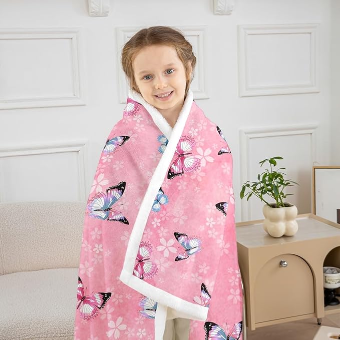 Feelyou Girls Butterfly Fleece Throw Blanket 40"x50" Kids Pink Cherry Blossom Sherpa Blanket Plush Fuzzy for Bed Couch Chair Living Room, Beautiful Butterflies Bed Blanket Room Decor