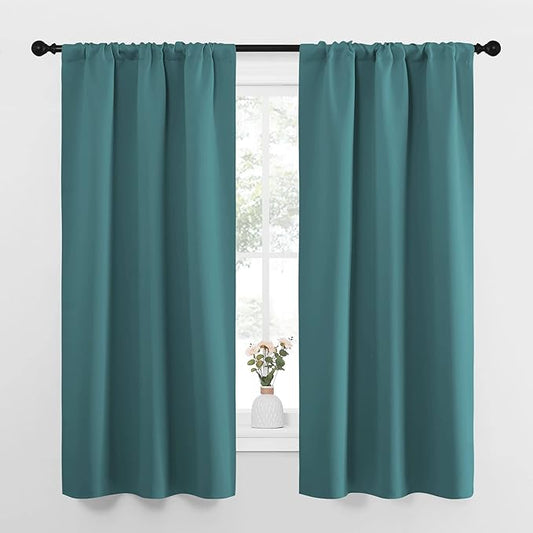 NICETOWN Bedroom Curtains, Three Pass Microfiber Noise Reducing Thermal Insulated Solid Rod Pocket Blackout Window Curtains for Kids Room (Sea Teal, 2 Panels, 34-inch x 63-inch)
