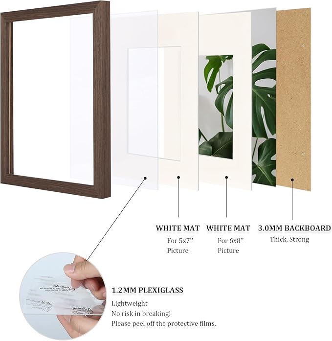 Egofine A4 Picture Frames Set of 4, Made of Solid Wood Covered by Plexiglass 4x6 and 6x8 with Mat or A4 without Mat, for Table Top Display and Wall Mounting Photo Frame Brown