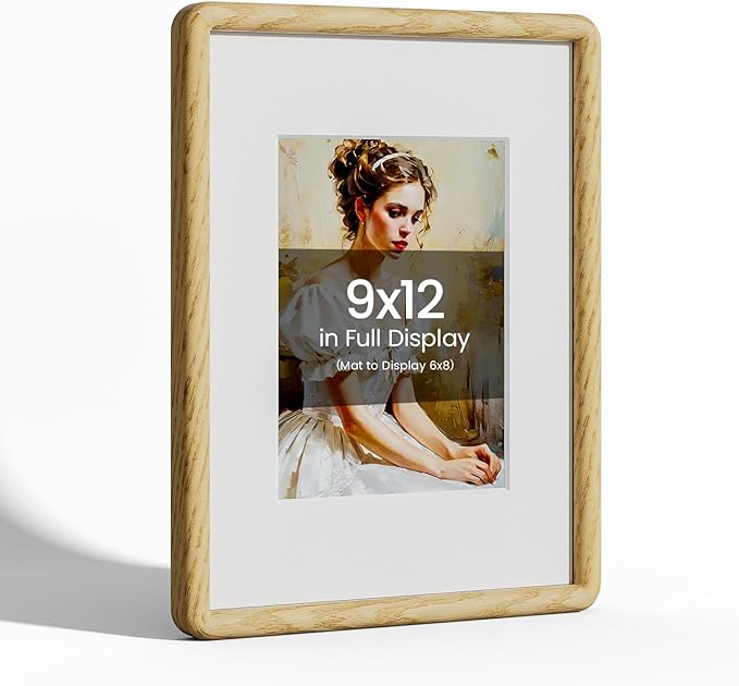 9x12 Picture Frame Natural Oak Wood From California-USA with Real Tempered Glass, Handcrafted 9 x 12 Diploma Frame Matted to 6x8 Wedding Photo,Family Picture,Graduation Picture Display Table & Wall
