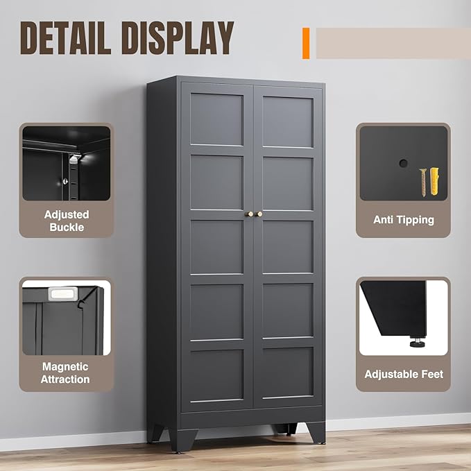Yizosh Metal Storage Cabinet with 2 Doors and 4 Adjustable Shelves - 71" Black Kitchen Pantry Storage Cabinet,4-Tier Tall Steel Cabinet Locker for Living Room,Dining Room,Kitchen