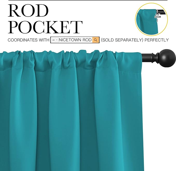 NICETOWN Peacock Blue Blackout Curtains Panels for Window, Thermal Insulated Rod Pocket Blackout Drapes/Draperies for Living Room (2 Panels, W52 x L95 inches)