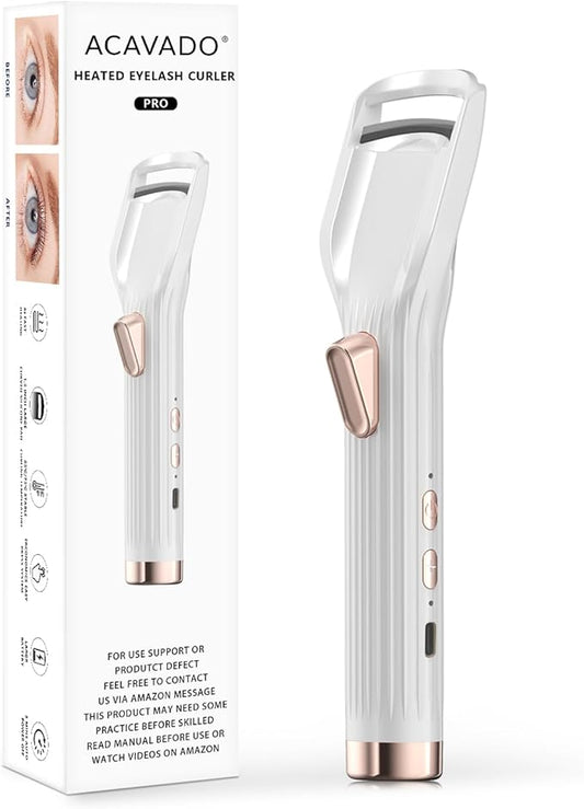 Heated Eyelash Curler Premium PRO - Fast Heat up in 8s - 24 Hours Long Lasting - Rechargeable Electric Eyelash Curler with Type-C, Innovative L Silicone, 2 Heat Modes, Anti-Burn Eyelid, White-FC