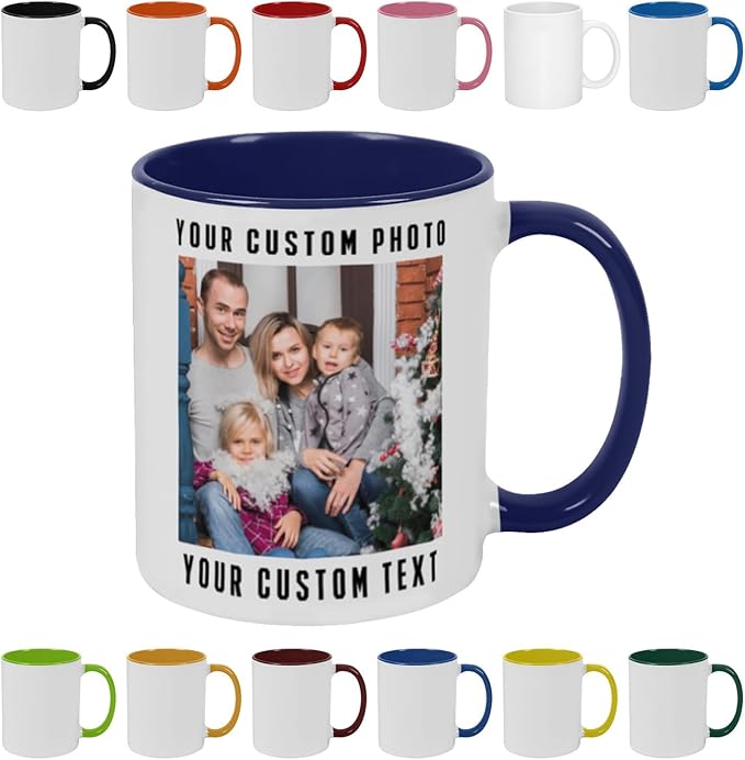 Personalized Coffee Mug with Photo, Logo or Text - Customized Gift Idea for Men & Women, Mom, Dad, Friends - Christmas Birthday Valentines Gifts, Party Favors Tea Cup - White/Dark Blue