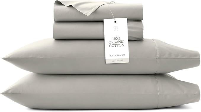 BOLL & BRANCH Percale Hemmed Sheet Set - Cooling Breathable Bed Sheets for Hot Sleepers - King + Standard, Pewter - Luxury 100% Organic Cotton - 1 Flat, 1 Fitted, 2 Standard Size Pillowcases