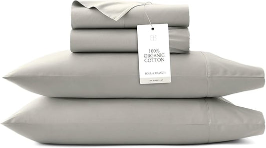 BOLL & BRANCH Percale Hemmed Sheet Set - Cooling Breathable Bed Sheets for Hot Sleepers - King, Pewter - Luxury 100% Organic Cotton - 1 Flat, 1 Fitted, 2 Pillowcases