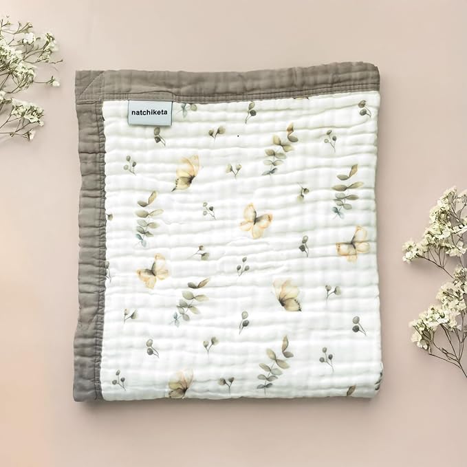 Organic Cotton Muslin Baby Blanket for Boys and Girls - Luxurious Soft Toddler Quilt for Swaddling - Gender Neutral Blanket - Baby and Toddler Gift - Neutral Floral