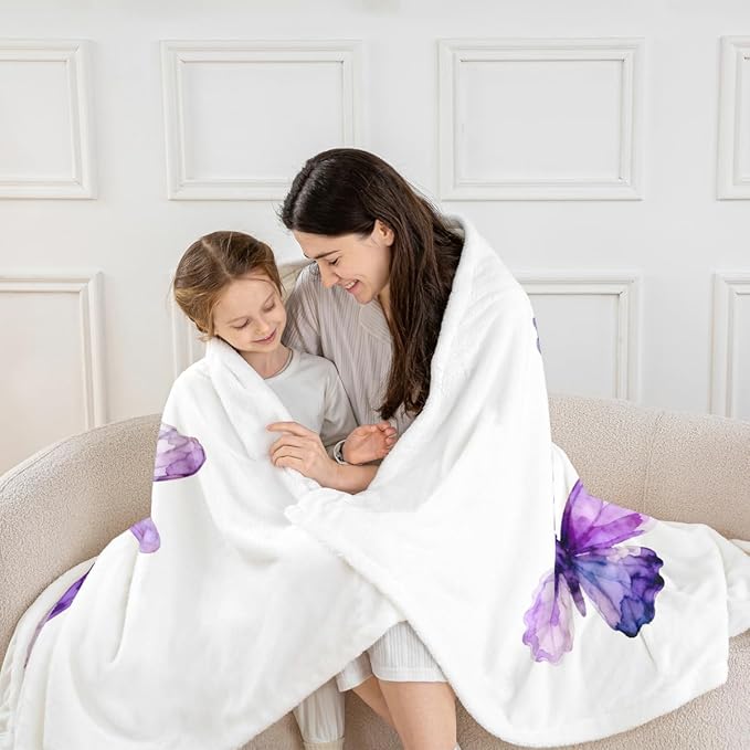 Feelyou Purple Butterfly Fleece Throw Blanket Throw 50"x60" Kids Girls Sherpa Blanket Plush Fuzzy for Bed Couch Chair Living Room, Chic Gorgeous Bed Blanket Room Decor