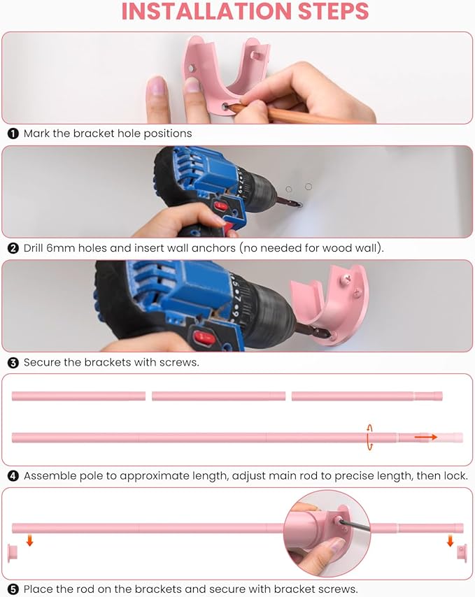 Closet Rods for Hanging Clothes, 17 to 84 Inches Stepless Adjustable Metal Closet Rod, 1.3 Inches Heavy Duty Clothes Hanging Rod for Closet Wardrobes Laundry RV, Pink