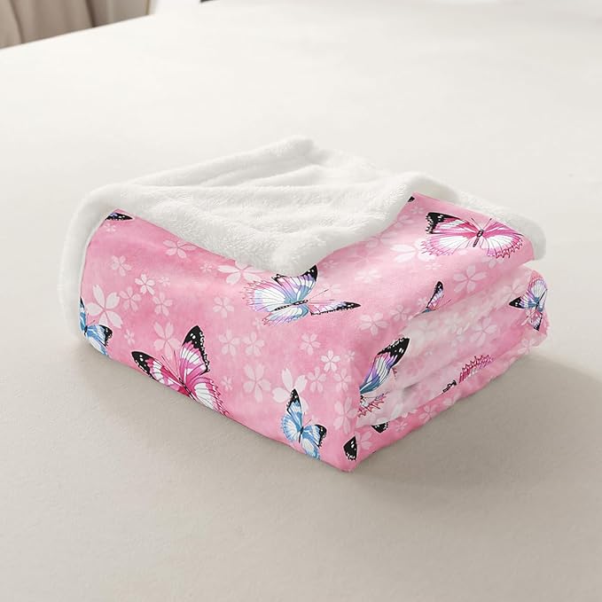 Feelyou Girls Butterfly Fleece Throw Blanket Queen 90"x90" Kids Pink Cherry Blossom Sherpa Blanket Plush Fuzzy for Bed Couch Chair Living Room, Beautiful Butterflies Bed Blanket Room Decor
