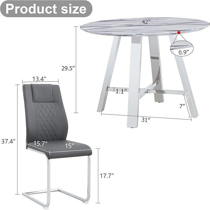 Round Dining Table Set for 4,Modern Faux Marble Table with 4 PU Leather Chairs,5 Piece Wood Dining Table Set for Small Space Kitchen, Dining Room, Office