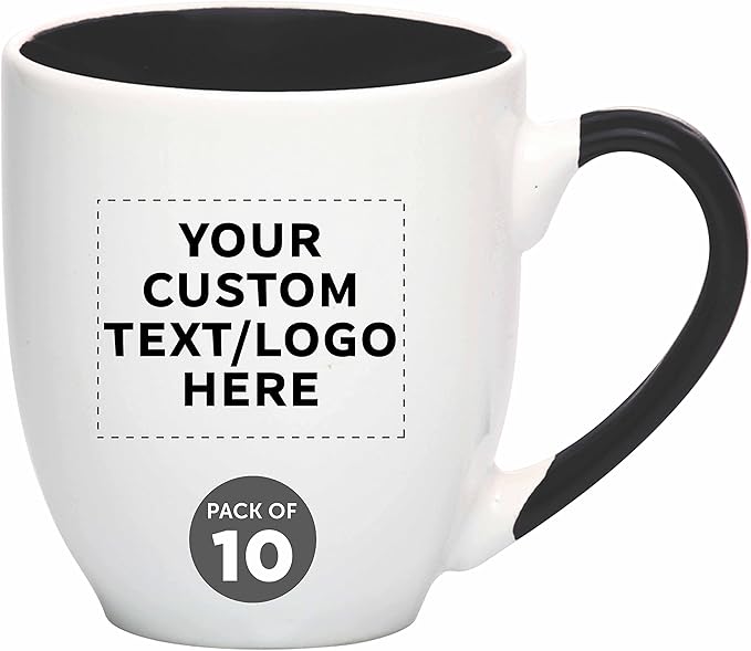 Custom Bistro Style Large Coffee Mugs 16 oz. Set of 10, Personalized Bulk Pack - Perfect for Coffee, Tea, Espresso, Hot Cocoa, Other Beverages - Black