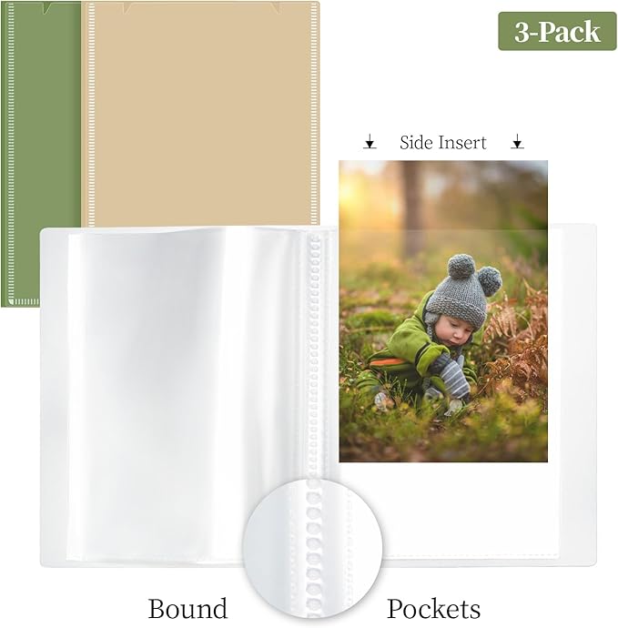Vienrose Small Photo Album for 4x6 Pictures – 26 Pockets Holds 52 Photos, Customizable Plastic Covers, Morandi Color Postcard Album, Wedding Travel Baby Gift – Green + Orange + Beige (Set of 3)