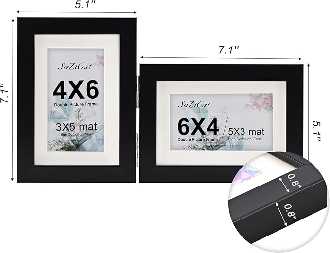Double Hinged 4X6 Picture Frame with Real Glass-Tabletop or Wall Mounted, Display for 3X5 & 4X6 Photos (with/without Mat)-Classic Black, For Family Photos & Wedding Memories-H4664