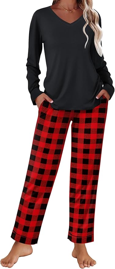 Ekouaer Womens 2 Pack Pajama Set Long Sleeve Pajamas Top and Pants V Neck Pjs Set Soft Loungewear with Pockets