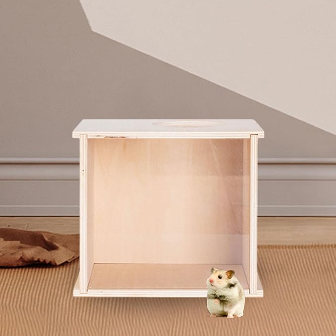 DIY Wooden Hamster Digging Box Enclosure with Transparent Observation Window, Easy Cleaning Multipurpose Stable Structure with Lid for Small Animals- Size S
