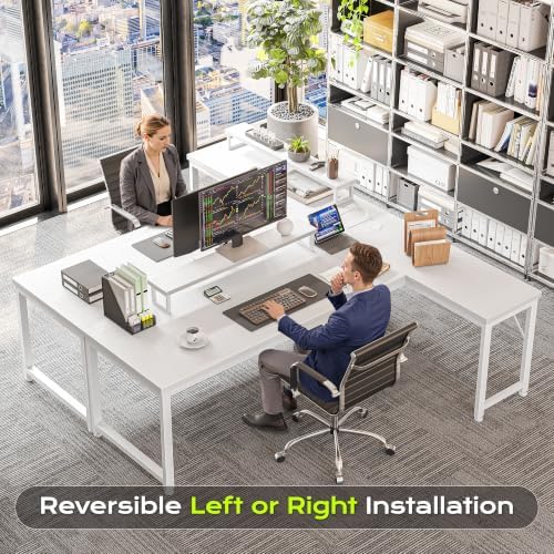 PRAISUN 61" L Shaped Computer Desk, Power Outlets, Monitor Stand, White