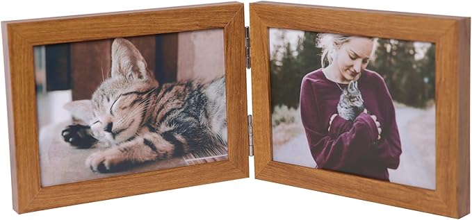 Double Horizontal 5X7 Hinged PS Family Picture Frame Collage For Desktop or Tabletop (Wood Grain 75X2)