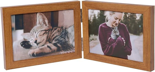 Double Horizontal 5X7 Hinged PS Family Picture Frame Collage For Desktop or Tabletop (Wood Grain 75X2)