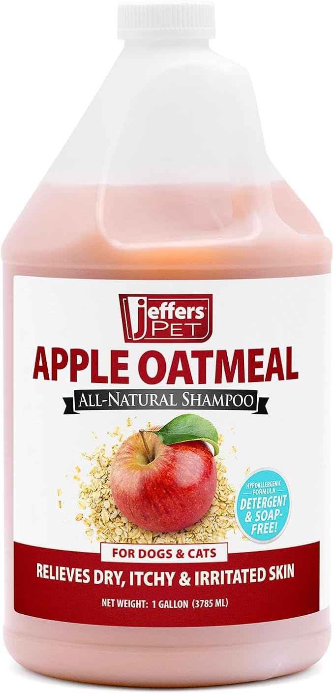 Jeffers Pet Apple Oatmeal Shampoo for Dogs & Cats, 128 oz - Gentle Coconut Based Formula w/Colloidal Oat Protein, Soap Free, Deodorizing Apple Scent, Sensitive Skin, Puppies Kittens Grooming Care
