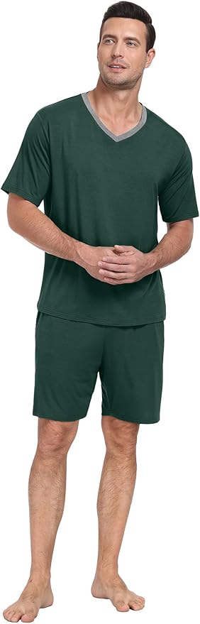PrinStory Men's Pajama Set Sleepwear Pjs Lightweight Quick Dry Short Sleeve V-Neck Shirts and Shorts Soft Comfy Sleep Sets