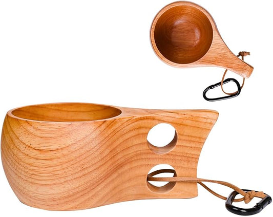 Kuksa Camping Mug Wooden Bushcraft Handcarved Cup, Nordic Style Coffee & Hiking Kuksa, Rubber Wood with Double Hole, 7.1 oz., 6.3" x 3.8" x 2.6"