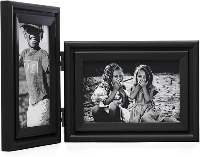 Vertical & Horizontal 4X6 Picture Frames Double Hinged Wood Folding Photo Frames with Real Glass Front Fit for Desktop or Tabletop, Black XHEI-V46-H64