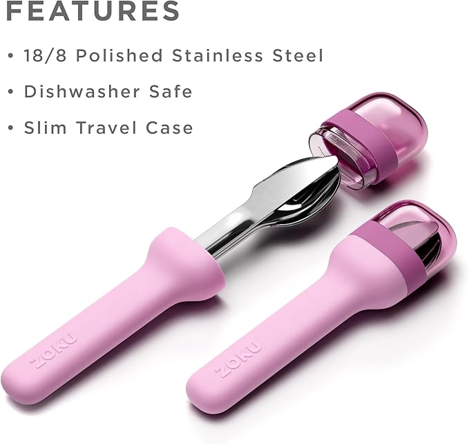 ZOKU Pocket Utensil Set, Purple - Stainless Steel Fork, Knife, and Spoon Nest in Case - Portable Design for Travel, School, Work, Picnics, Camping and Outdoor Home Use