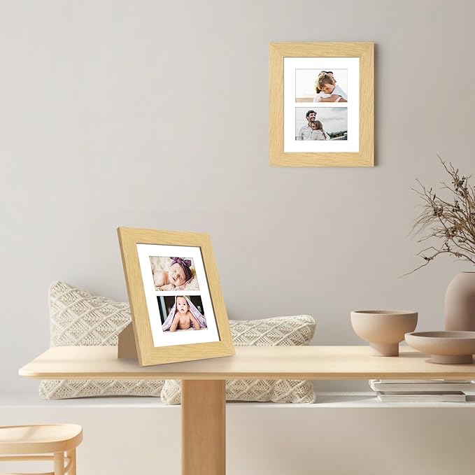 8x10 Picture Frame Display Double 4X6 Picture Frame Collage,Multi Photo Frame with Mat,Plexiglass,Wall or Tabletop Decor,NaturalWood Grain