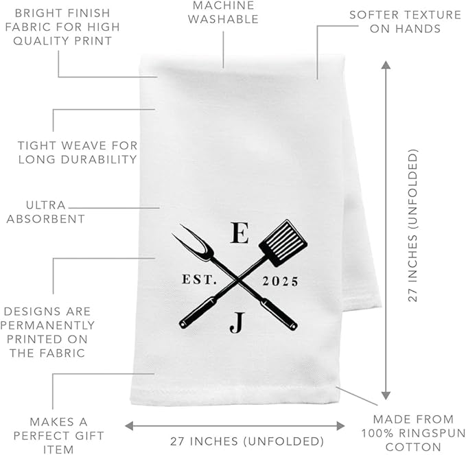 Andaz Press Personalized Flour Sack Tea Towel, Couples Monogram Initials Custom Kitchen Towel, Wedding & Housewarming Gift, Bridal Shower Farmhouse BBQ Hand Towel