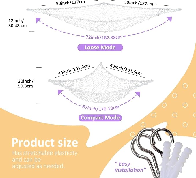 Stuffed Animal Net Hammock for Plushie Toys, Stuffed Animal Hammock Corner for Kids' Room Decor, Ideas for Organizing Stuffy Collection, 1 Pack, White