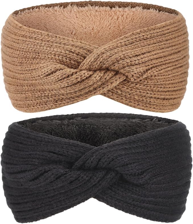 AQOKKA Knit Winter Headbands for Women Fuzzy Wool Fleece Lined Ear Warmers Elastic Turban Crocheted Head Wrap Winter Accessories for Women Cold Weather
