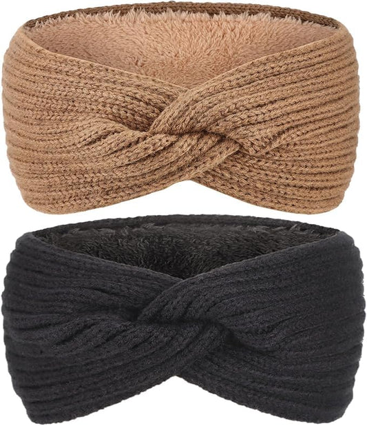 AQOKKA Knit Winter Headbands for Women Fuzzy Wool Fleece Lined Ear Warmers Elastic Turban Crocheted Head Wrap Winter Accessories for Women Cold Weather