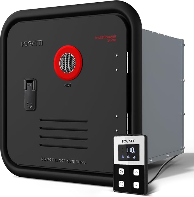 FOGATTI InstaShower 9 Pro RV Tankless Water Heater, 66,000 BTU (Highest Output), Built-in Mixing Tank, 15x15 Inches Black Door, Remote Controller, Ideal for RVers' Everyday Use, Gen 3