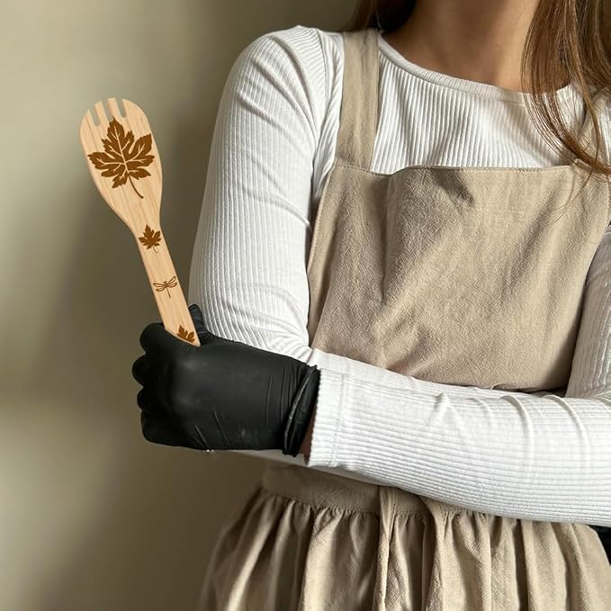 GLOBLELAND 6Pcs Leaves Bamboo Cooking Utensils Wooden Monstera Ginkgo Maple Engraved Cooking Spoons Spatula for Women and Men Wood Cooking Spoon for Kitchen House Warming Gift